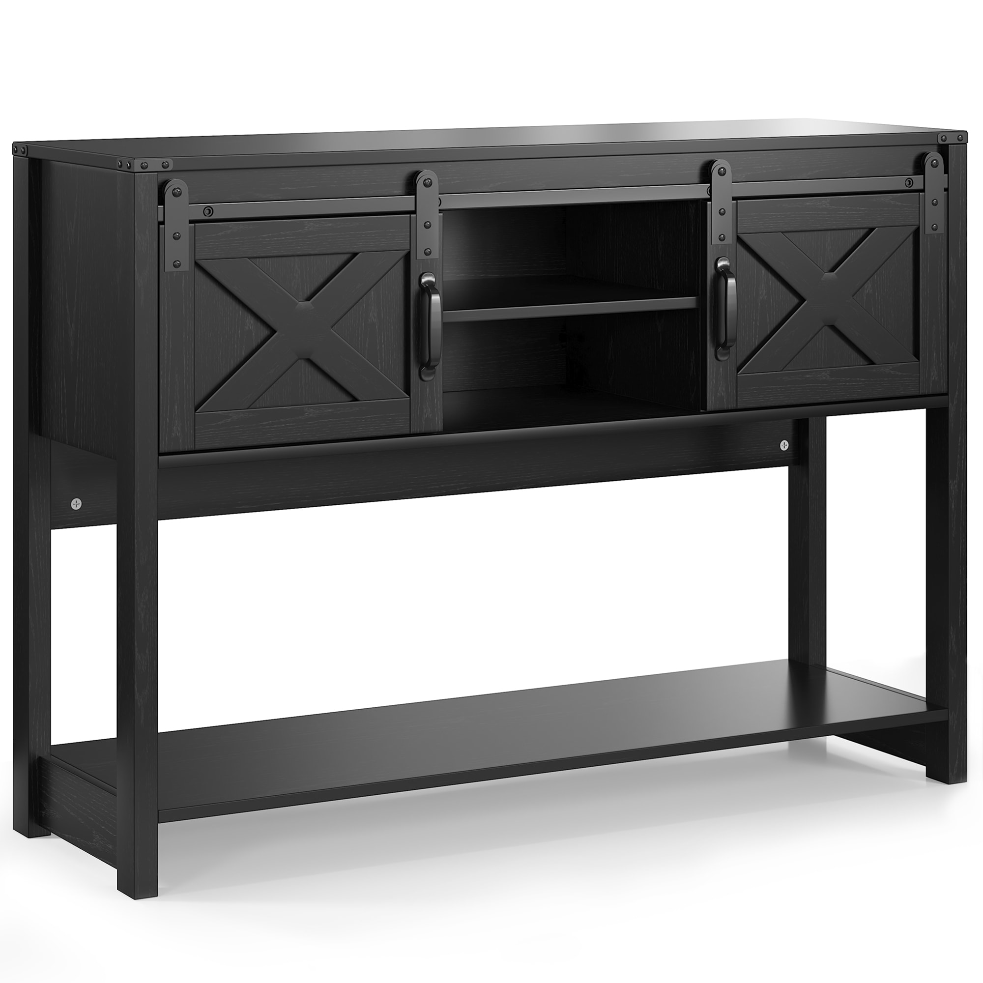 Rustic Farmhouse Console Table With Drawers And Barn Door Black_voghion.com